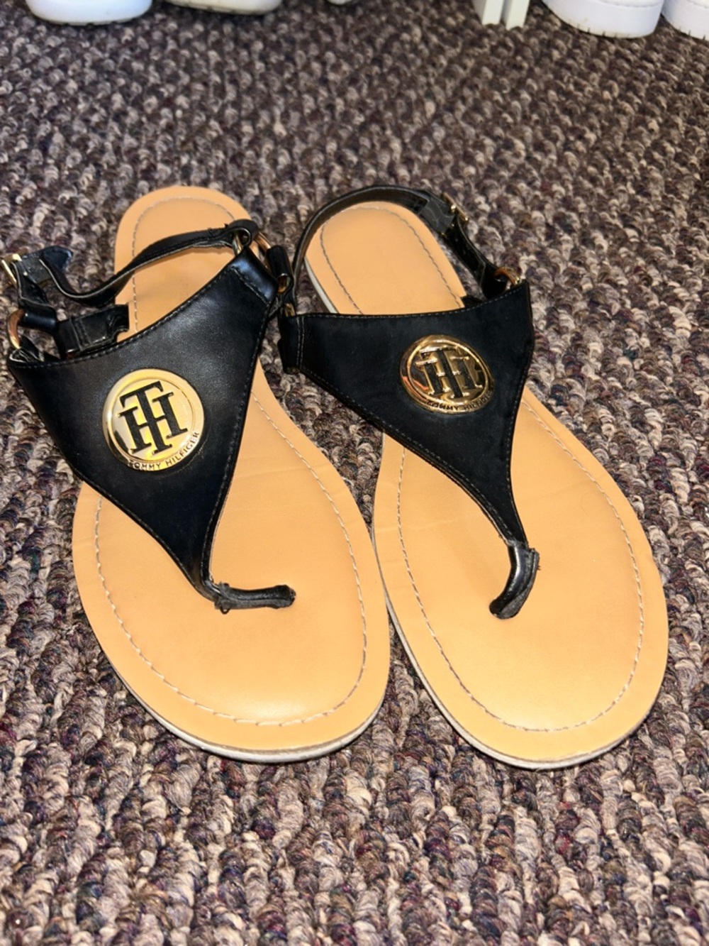 Tommy Hilfiger Black Leather T-Strap Sandals with Gold Logo